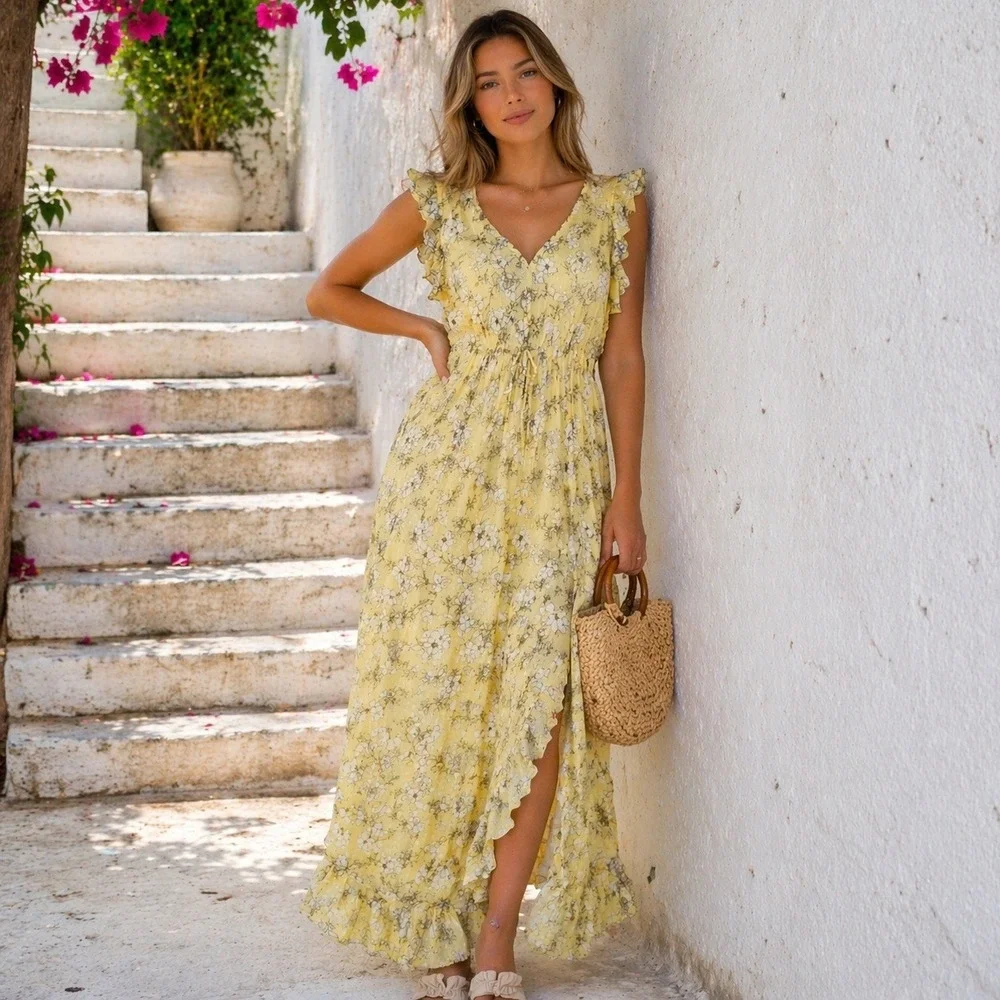 Rahi | Dresses | Rahi Anthropologie Yellow Floral Ruffle High Low Maxi Dress  Xs Romantic Boho | Poshmark
